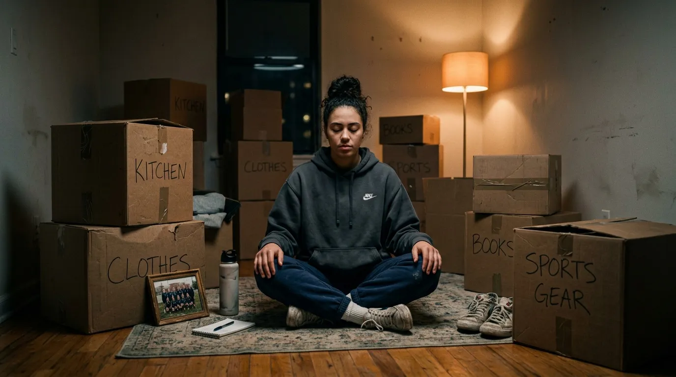 Femme méditant entourée de cartons de déménagement étiquetés