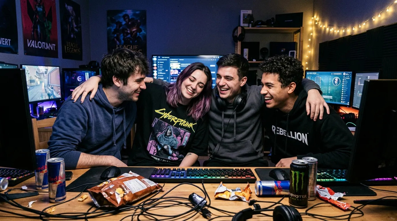 Quatre jeunes gamers souriants dans un setup gaming professionnel