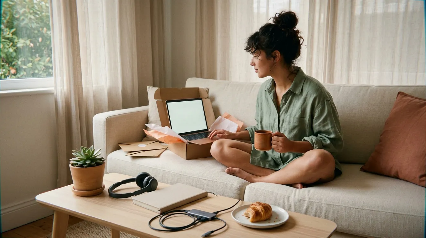 Femme travaillant sur ordinateur portable depuis son canapé