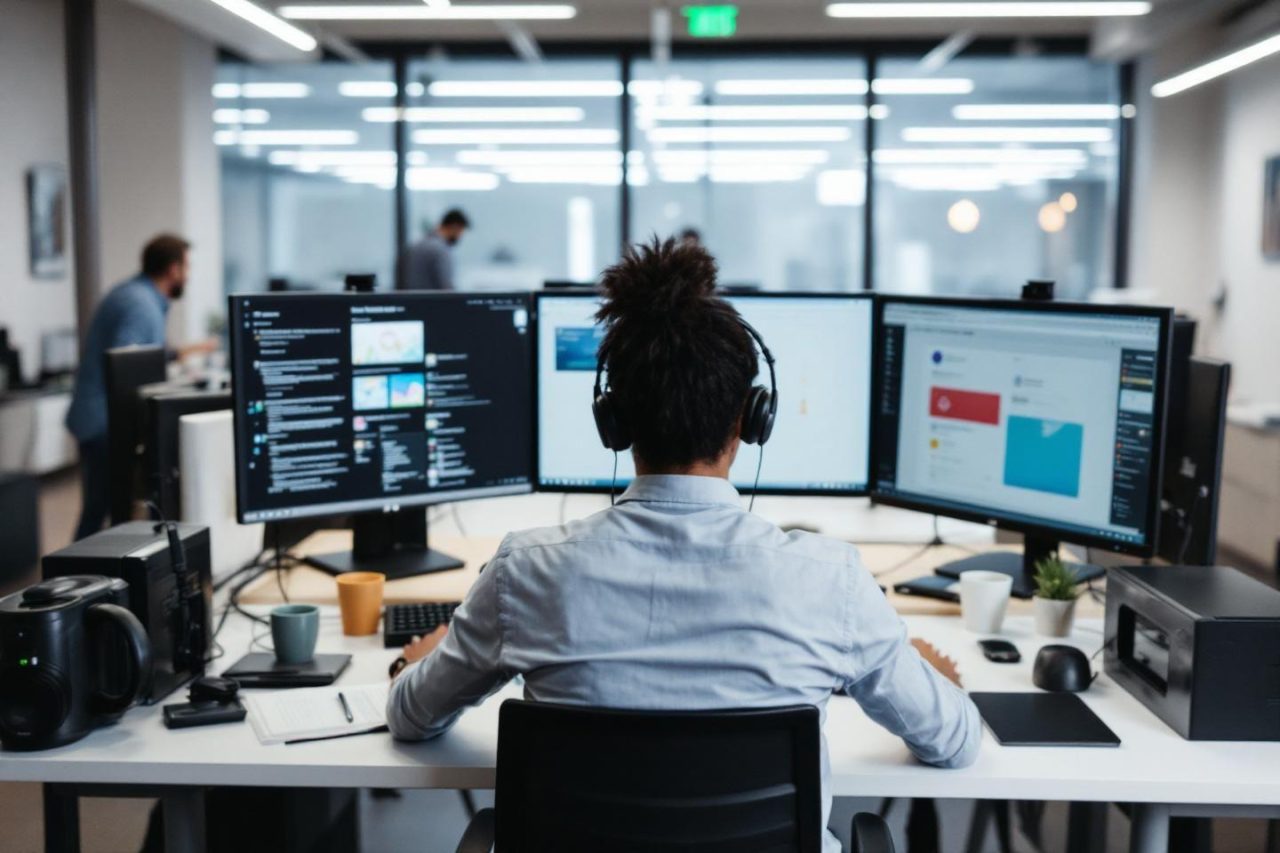 Dos d'un employé travaillant sur plusieurs écrans d'ordinateur