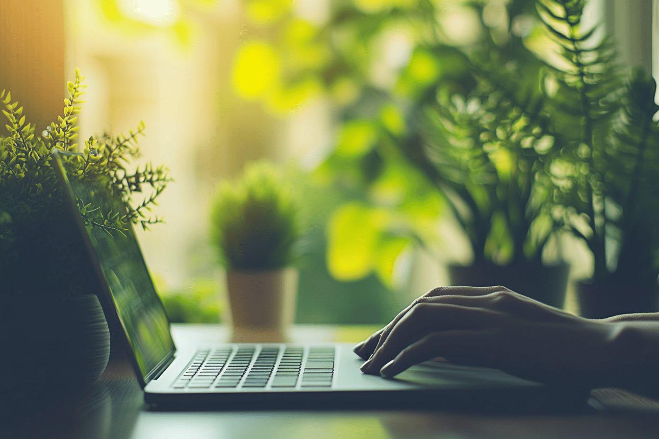 Ordinateur portable et plantes vertes dans un environnement lumineux