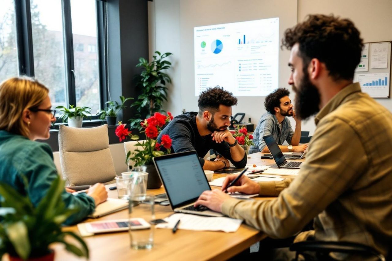 Employés travaillant ensemble autour d'une table avec des ordinateurs portables