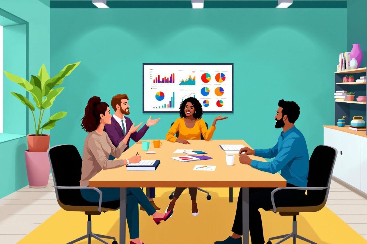 Quatre personnes en réunion analysant des graphiques dans un bureau