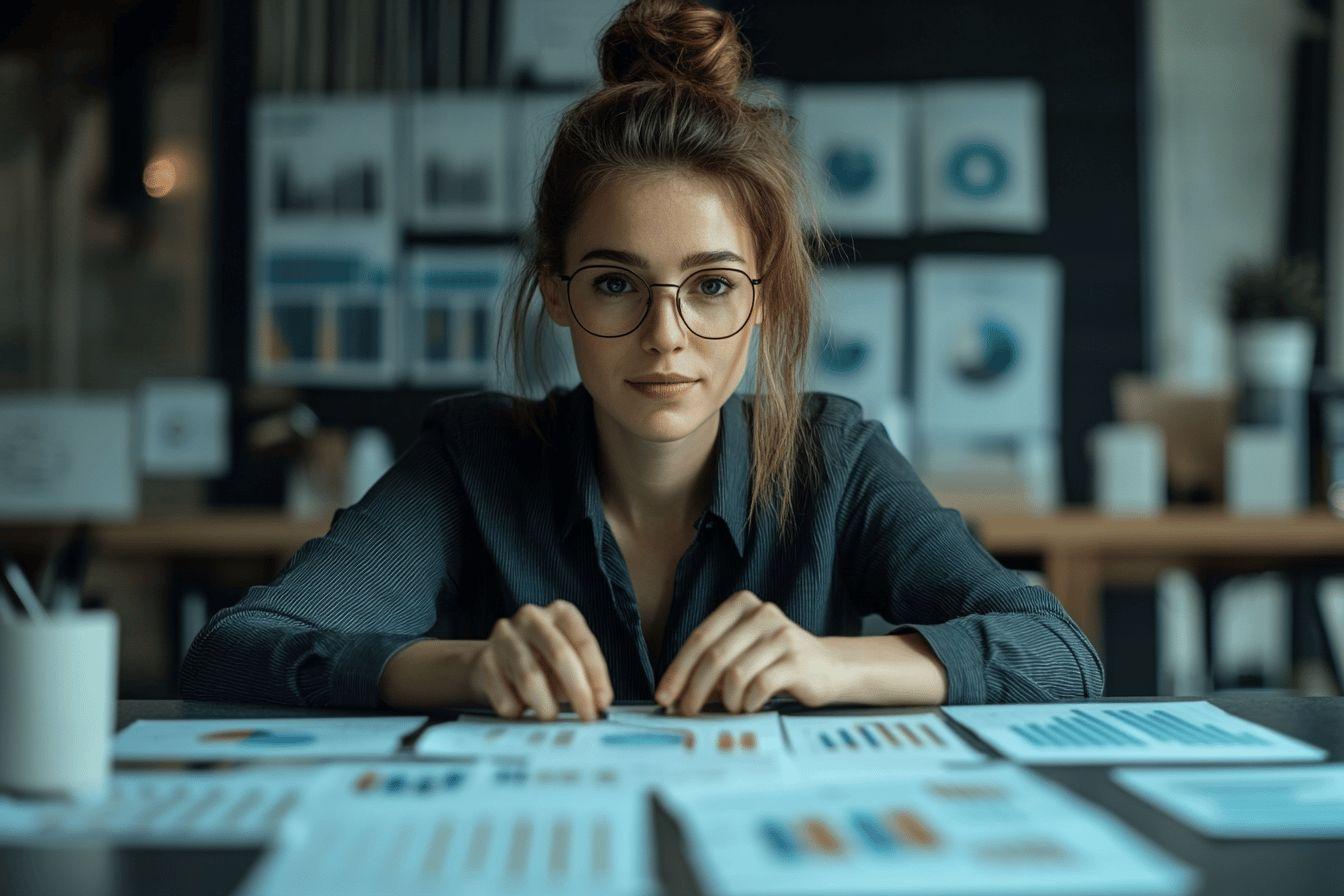 Femme à lunettes travaillant sur des graphiques et des documents