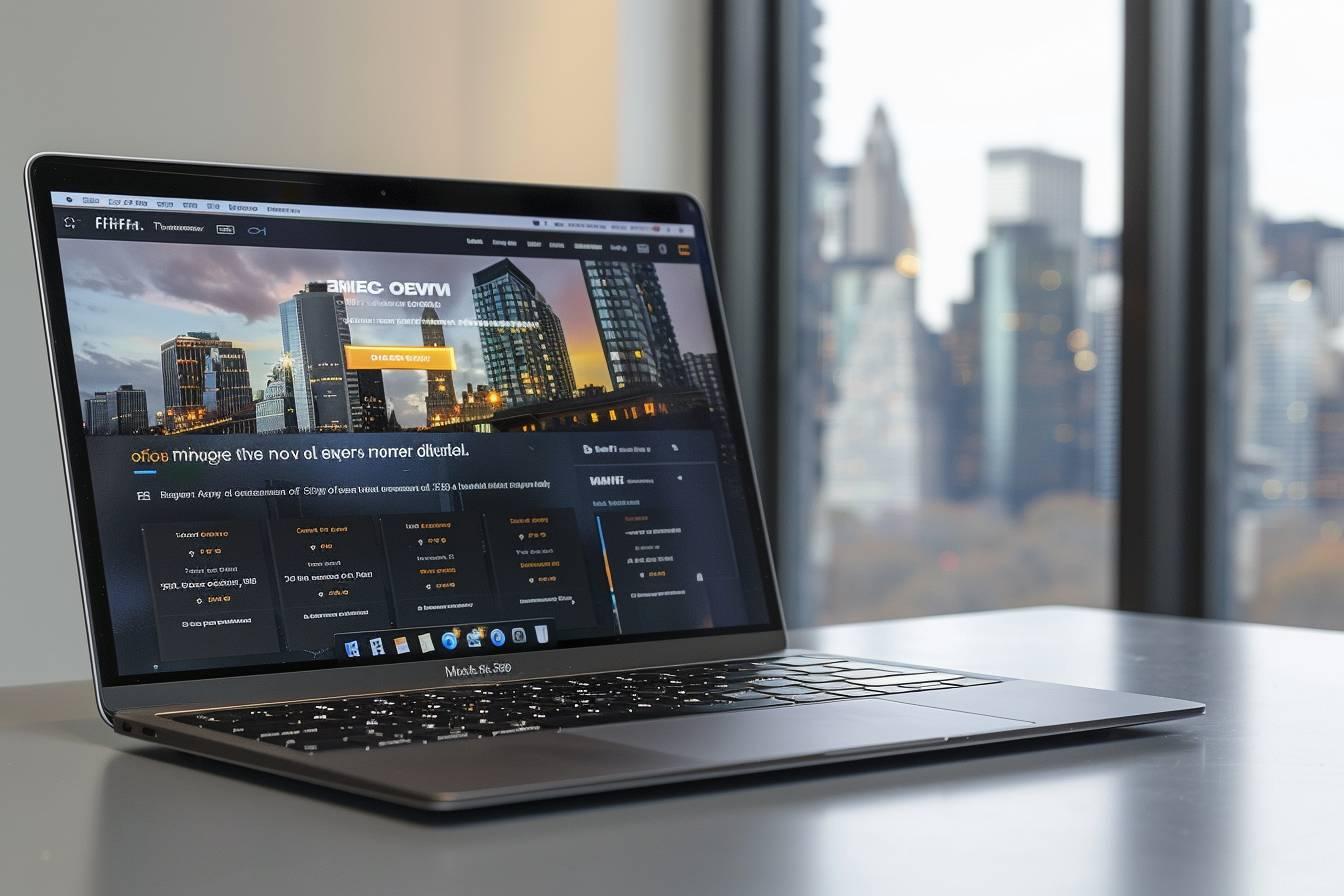 Vue rapproch&eacute;e d'un ordinateur portable affichant une page web dans un bureau spacieux avec vue sur la ville.