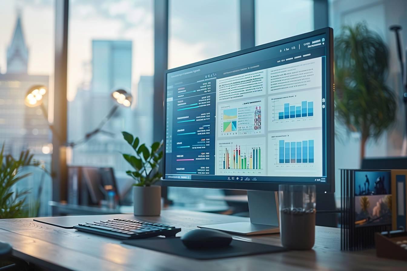 Bureau avec &eacute;cran d'ordinateur affichant des graphiques et des statistiques.