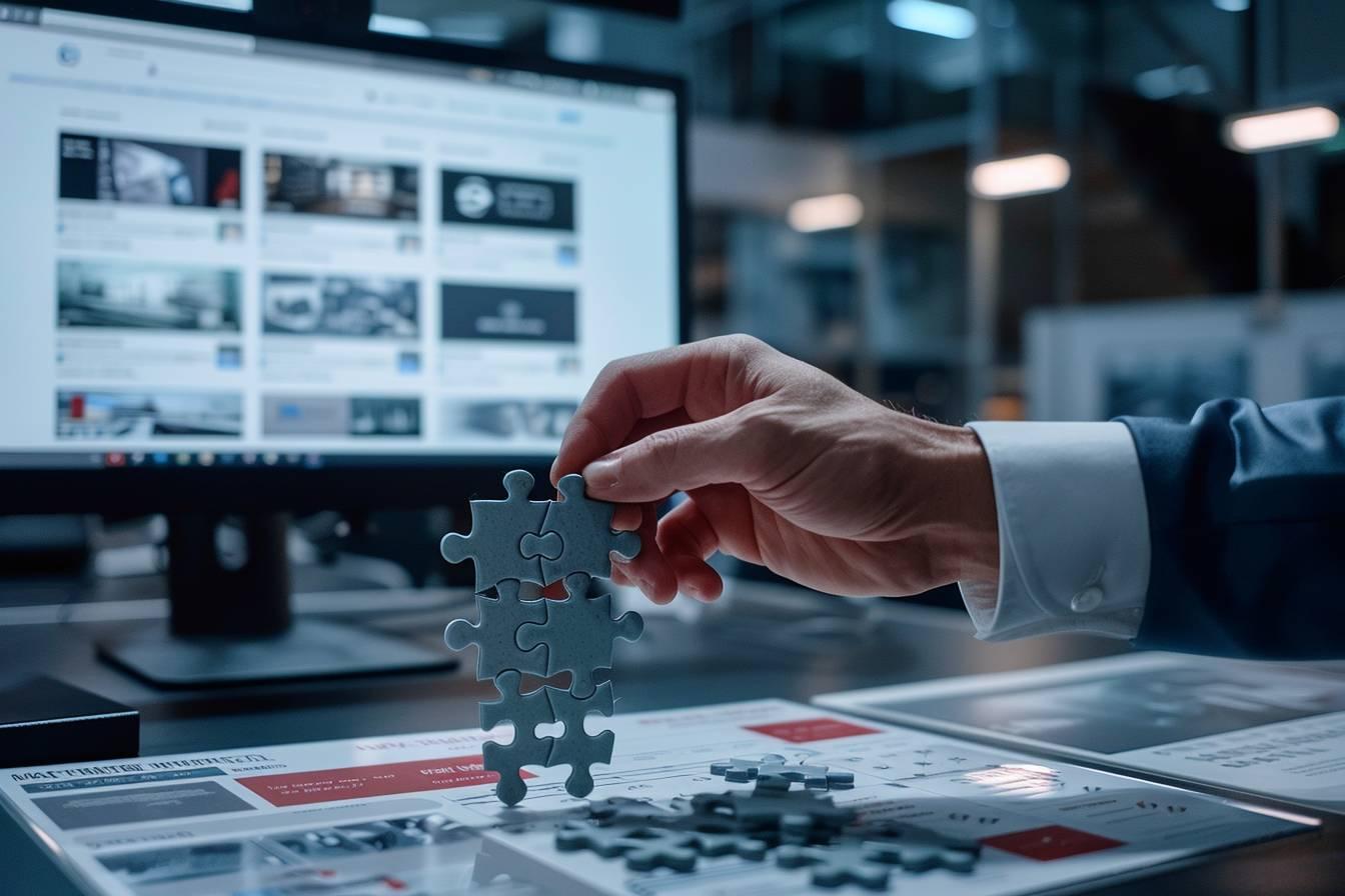 Mains d'un homme d'affaires assemblant un puzzle sur un bureau