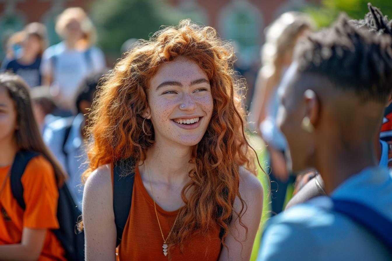 Une jeune femme aux cheveux roux bouclés sourit joyeusement dans une foule