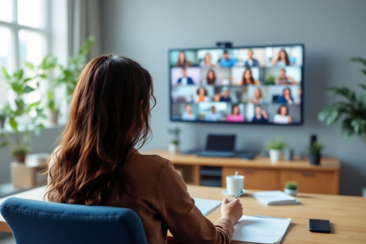 Femme de dos participant &agrave; une visioconf&eacute;rence avec plusieurs participants