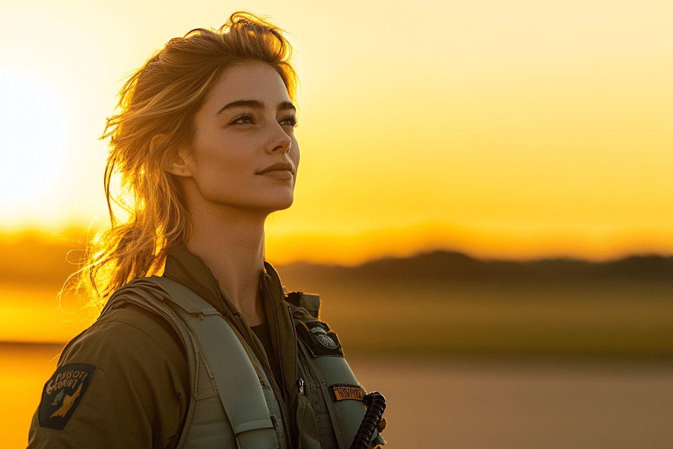 Pilote en uniforme militaire regardant l'horizon au cr&eacute;puscule